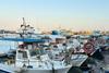 Small fishing boats lined up at a pontoon