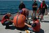 SAIMOS researchers deploying an ocean mooring which includes an Acoustic Doplar Current Profiler. This measures pressure, oxygen, turbidity (water cloudiness), fluorescence (chlorophyll concentration) and PAR (the amount of biologically importan...
