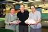 Professor Brendan McAndrew, Dr David Penman and Keith Ranson in the Tropical Aquarium Facility of the Institute of Aquaculture, holding a “wild type” (normal colour) tilapia (left) and a red tilapia (right). Credit: University of Stirling