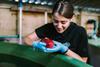 aquaculture worker holding a red cleaner fish by an indoor tank