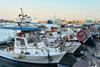 Small fishing boats lined up at a pontoon