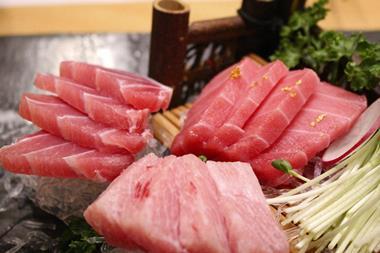 A picture of tuna on the plate with rice