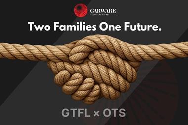 Logo with two clasped hands made out of rope to advertise Garware's acquisition of Offshore Trawl Supply