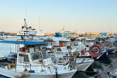 Small fishing boats lined up at a pontoon