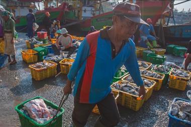 The image shows an Indonesian fisher on board a vessel