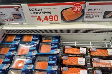 Packs of seafood in a freezer