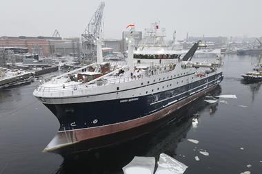 RFC’s new factory trawler Kapitan Vdovichenko leaving the Admiralty Shipyard for its first sea trials. Photo: USC