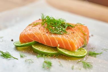 Piece of salmon on slices of lime with fennel fronds