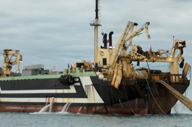 The image shows the Margiris supertrawler fishing in the English Channel, off the coast of Brighton in 2019