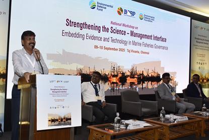 Tamil Nadu Fisheries Secretary Dr N Subbaiyan speaking at the national workshop on ‘Strengthening the Science-Management Interface’