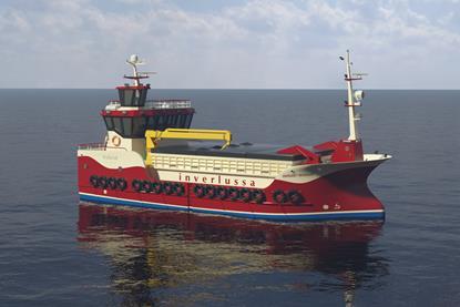 Artist’s impression of ‘Margaret McKenzie’, Parkol Marine Engineering New Build 073, a hybrid fish feed carrier being constructed for Inverlussa Marine Services