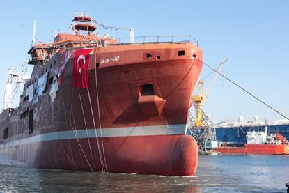 Rimfrost’s new krill catcher/processor has been floated off at the Tersan yard in Turkey. Photo: Tersan Shipyard