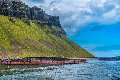 The image shows a view of SAIC's Portree fish farm