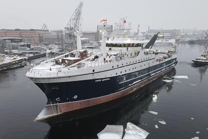 RFC’s new factory trawler Kapitan Vdovichenko leaving the Admiralty Shipyard for its first sea trials. Photo: USC