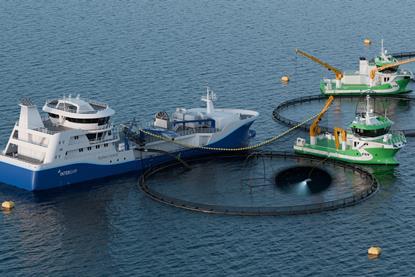 The image shows Trident Aqua Services aquaculture vessels on the water