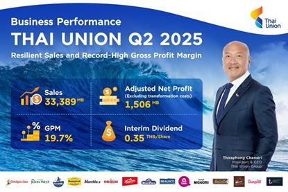 Graphic showing Thiraphong Chansiri next to figures about Thai Union's performance in Q2 2025