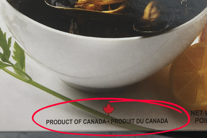 Bowl of mussels with 'Product of Canada' written underneath