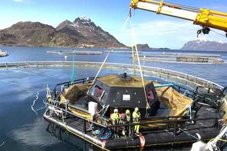 The Biosort iFarm in action on the water inside an aquaculture cage