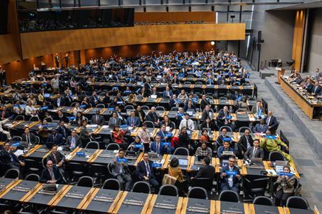 The image shows an overhead shot of the members attending the entry-into-force ceremony on 15 September