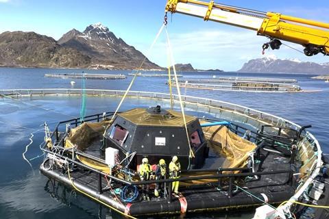 The Biosort iFarm in action on the water inside an aquaculture cage