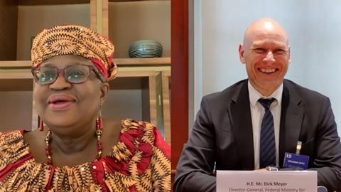 Ngozi Okonjo-Iweala, WTO Director-General and Dirk Meyer, head of Directorate-General 1 of Germany’s Federal Ministry for Economic Cooperation and Development