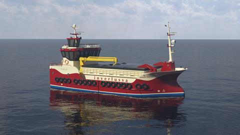 Artist’s impression of ‘Margaret McKenzie’, Parkol Marine Engineering New Build 073, a hybrid fish feed carrier being constructed for Inverlussa Marine Services
