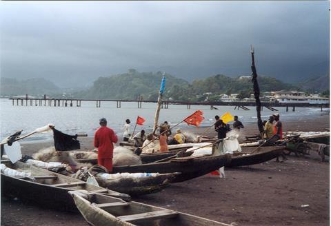 Fishing boats on Limbe beach in Victoria, Cameroon
