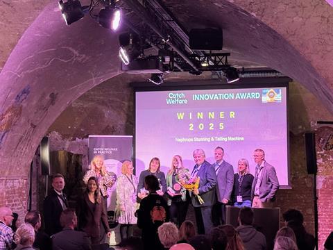 Members of Optimar winning the Catch Welfare Innovation Award for a nephrops stunning and tailing machine