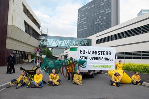 Greenpeace activists protest outside the EU fisheries council in Luxembourg Photo: Greenpeace