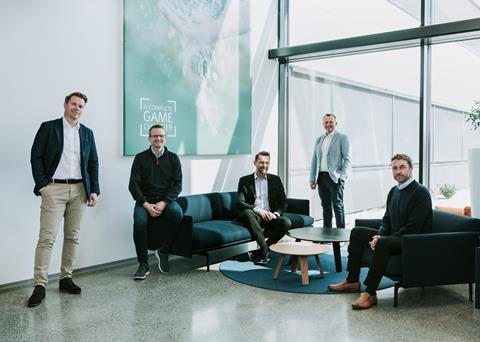 (l-r) Frank Edvard Vike (MMC First Process), Bjørnar Flem (Artec Aqua), Petter Leon Fauske, Børre Waagan (MMC First Process) and Asbjørn Skaro (Artec Aqua) Photo: MMC First Process