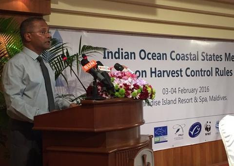 Dr Shiham Adam, IPNLF director for science and the Maldives, addresses attendees at the Indian Ocean Coastal States Workshop