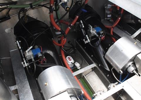 The internal installation of the Contrapel Hybrid Drive and shows the units coupled to custom gearboxes