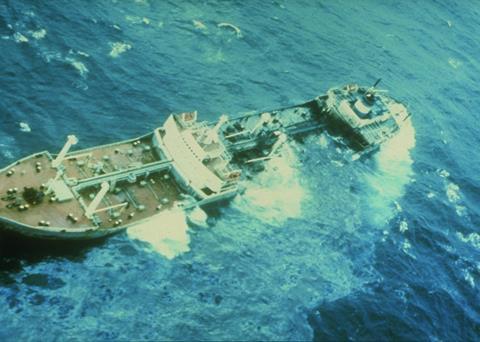The Argo Merchant oil spill - the ship broke apart and spilled its entire cargo of 7.7 million gallons of No. 6 fuel oil. Credit: Doug Helton, NOAA/NOS/ORR