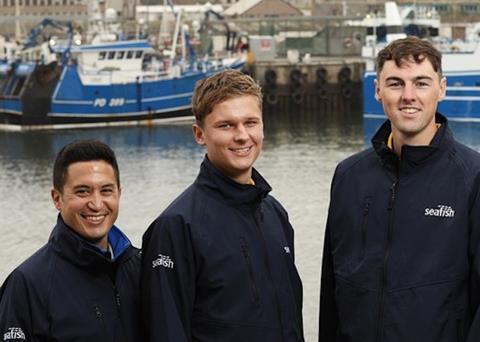Seafish researchers Juan Carlos Paredes Esclapez, Oscar Wilkie and Joe Cooper in Peterhead port during the 2019 fleet survey Photo: Seafish