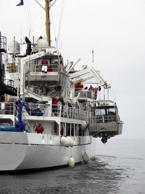 NOAA Ship Rainier and its six small survey boats return to Alaska for a summer of hydrographic surveys. Credit: NOAA