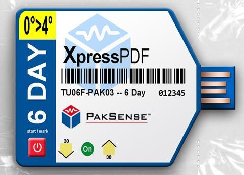 The PakSense XpressPDF temperature monitoring label can just be plugged into a computer to provide a PDF graph showing the temperature history during a journey