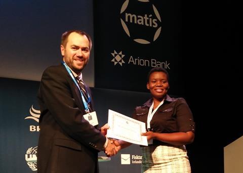 Hannah Antwi from Ghana receiving the 2017 Peter Howgate award Photo: IAFI