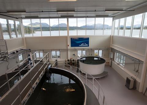 Linde’s new pioneering Innovation Centre for Aquaculture with 55 cubic metre test and demonstration tank in foreground