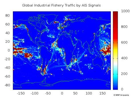 AIS signals from all fishing vessels in the WWF database over a period of 11 months