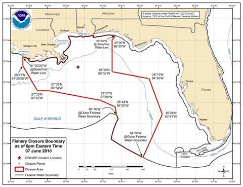 Fishery closure boundary as of 7 June, 2010. Closure area may be updated daily as necessary. (Image: NOAA)