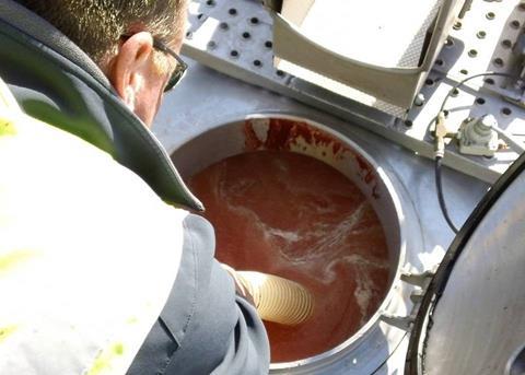 The tanker is filled to the brim with Flow Ice before starting the 320 km journey to the processing plant. The colour is from the fish blood