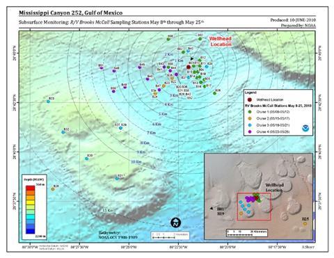 Research vessel Brooks McCall sampling stations, 8-25 May, 2010. (Image: NOAA)