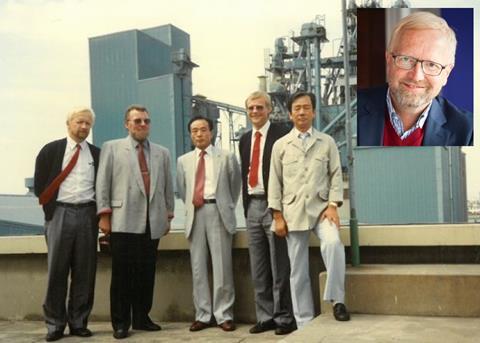 With a delegation at Dae-Han feed factory in South Korea in 1989, and (inset) Niels Alsted today Photo: Biomar