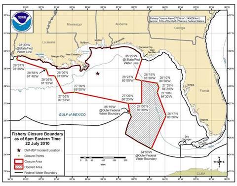 Reopened fishing area (in hashmarks) as of 6pm (EST) 22 July 2010. (Image: NOAA)