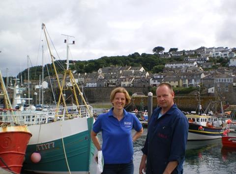Pictured in Newlyn Harbour, Seafish chief economist, Hazel Curtis, with skipper James Chown, owner of Harvest Reaper TT177, who fishes around Cornwall using gill and tangle nets.