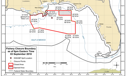 Reopened fishing area (in hashmarks) on 3 September 2010. (Image: NOAA)