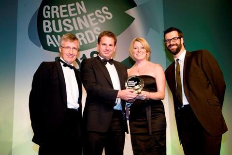 Stephen Taylor (category director, seafood) and Dionne Parker (communications director) of Findus Group receive the Green Business Award from (left) Professor Max Wade, director of Ecology at RPS Group and (right) presenter Marcus Brigstocke.
