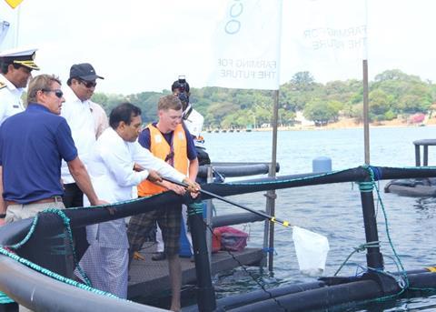 Dr Rajitha Senaratne introduced the first Barramundi juveniles from the nursery into sea cages in the ocean at Trincomalee bay