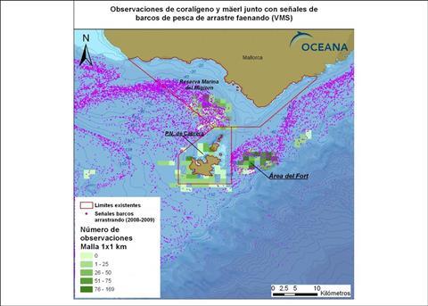 Trawler activity on coralligenous and maërl beds, reported by Oceana to the Spanish government and the regional government of the Balearics in October 2012