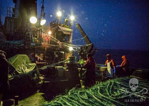 Crew members hauling in the second gillnet. Credit: Jeff Wirth